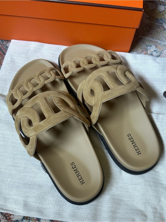 Hermes Shoes - Hermès Tan Suede Extra Chain-Style Slide Sandals 39